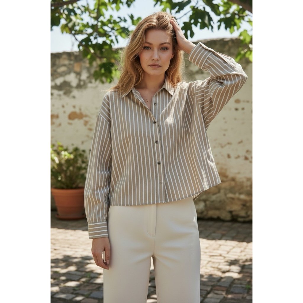 Everlane Brown White Stripe Cropped Button Down Shirt Cotton Boxy Pj Top M Women